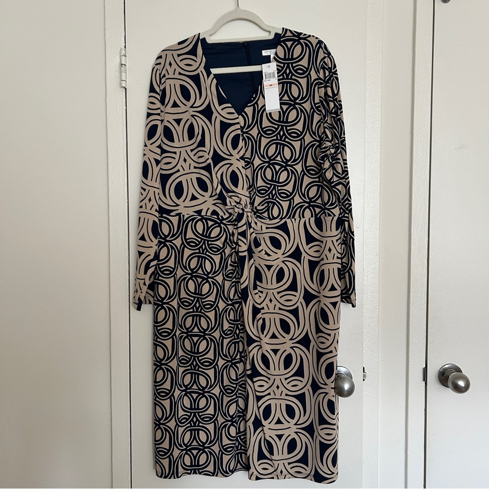 London Times Mixed Print Long Sleeve Dress NWT in Navy & Taupe (Plus Size 18W)